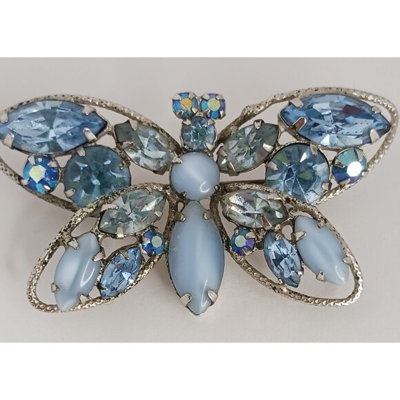 Regency Signed Blue  Aurora Borealis Rhinestone Butterfly Brooch Pin 2"×1.25" - Picture 2 of 6